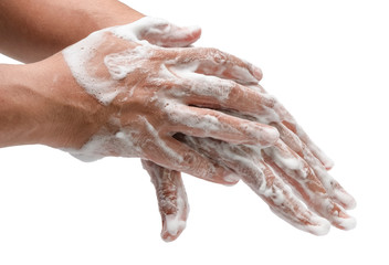 Fototapeta premium a man is washing his hands with liquid foam soap isolated on white background hygiene cleaning