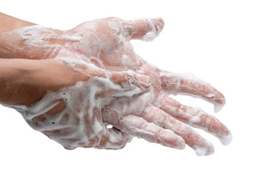 man is washing his hands with liquid foam soap isolated on white background with clipping path