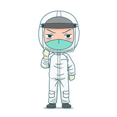 Cartoon character of doctor in safety protective clothing.