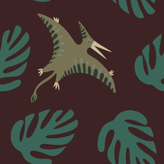 pterodactyl with monstera leaf pattern on brown background © Liudmila