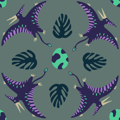 Fototapeta na wymiar violet pterodactyl with green tropic leaf and egg seamless pattern