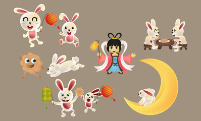 the figure is the mid autumn festival collection. cute rabbits, moon princesses, mooncake, chinese lanterns isolated with white background. landing page, template, ui, web, mobile app, poster, banner,