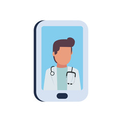 Man doctor with stethoscope inside smartphone flat style icon vector design