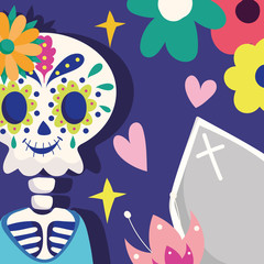 day of the dead, skeleton with coffin flowers hearts decoration traditional mexican celebration