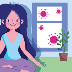 young woman yoga pose lotus window activity sport exercise at home covid 19 pandemic
