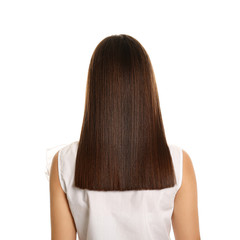Young woman with beautiful straight hair on white background
