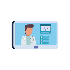 Man doctor with stethoscope inside tablet flat style icon vector design