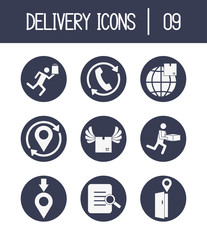 location pin and delivery icon set, block style