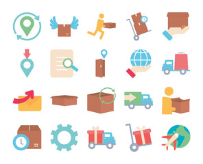 location pins and fast delivery icon set, flat style