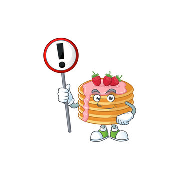 A picture of strawberry cream pancake cartoon character concept holding a sign