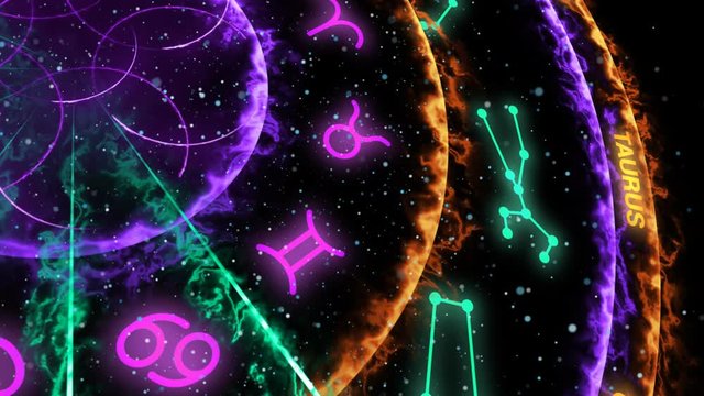 Amazing 3d rendering of twelve multicolored horoscope symbols and constellations put in shining circles flashing lightings and stars.