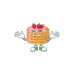 An image of strawberry cream pancake in grinning mascot cartoon style