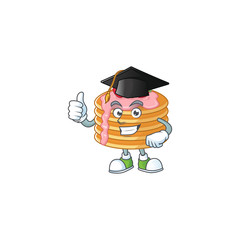 Mascot design concept of strawberry cream pancake proudly wearing a black Graduation hat