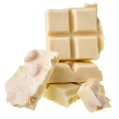 Broken white chocolate with whole hazelnut nuts Isolated