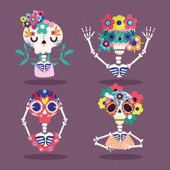 day of the dead, skeletons flowers characters decoration traditional celebration mexican