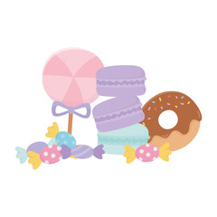 candy in stick caramels donuts and macaroons sweet confectionery isolated icon