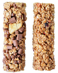 Cereal bars with chocolate, banana and strawberries isolated