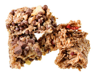 Cereal bars with chocolate, banana and strawberries isolated