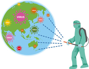 新型コロナウイルスに感染している世界を消毒しているイメージイラスト