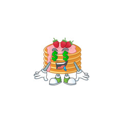 mascot character style of rich strawberry cream pancake with money eyes
