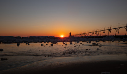 Beautiful sunset at South Haven Lake Michigan golden hours long exposure