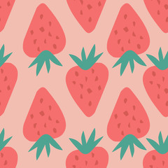 Geometric strawberry seamless pattern. Doodle sweet berries backdrop. Red strawberries wallpaper.