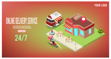 Online delivery service concept with delivery man ride scooter delivering parcel box and food truck. 
vector illustration.