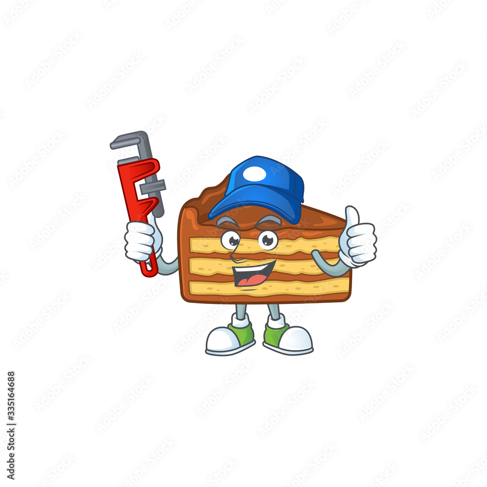 Poster mascot design concept of chocolate slice cake work as smart plumber