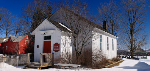 United Church heritage building at Uxbridge Historical Centre in winter