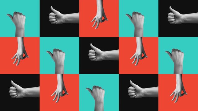Cheerful 3d rendering of many hands showing high-five, ok, and thumb up gestures in the multicolored squares used like a background.