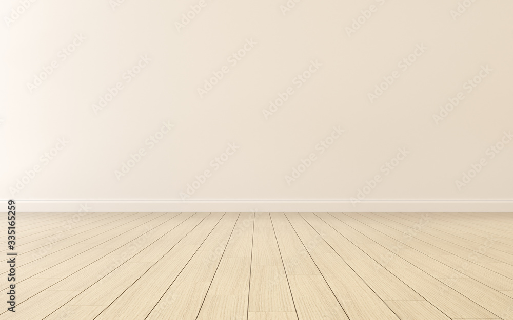 Poster Mock-up of empty room and wood laminate floor with sun light cast the shadow on the wall,Perspective of minimal interior design. 3D rendering