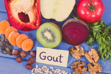 Fresh fruits and vegetables containing vitamins and minerals. Best food for gout and kidneys health