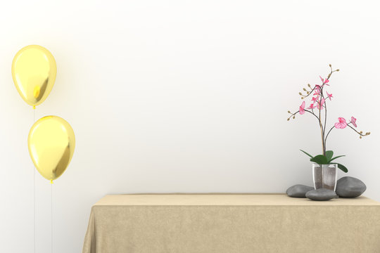 product pedestal Mock up with gold balloons, table, tablecloth, flower and vase. White wall Background