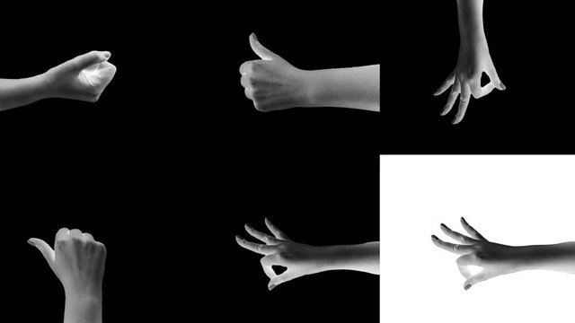Cheery 3d rendering of young girl hands showing fist, high-five, ok, and thumb up gestures in the alternating black and white squares used like a backdrop.