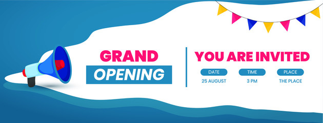 Grand Opening you are invited banner for social media marketing. Grand Opening cover with date time and place mentioned. Grand opening invitation facebook banner