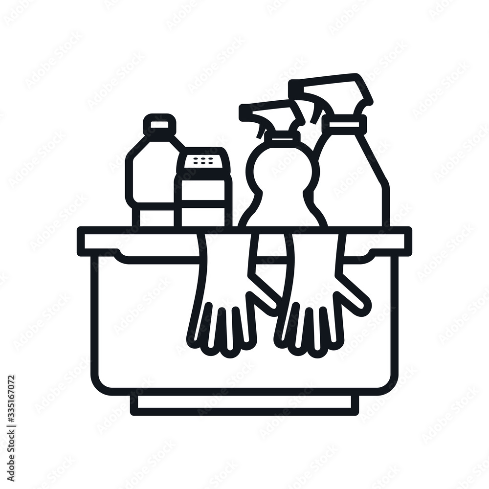 Poster gloves detergent bottles and sprays inside bucket line style icon vector design