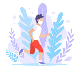 A sporty man walks in a mask. Vector flat style illustration of quarantine and isolation. A guy in sportswear and a jogging mask. Pandemic, Coronovirus Epidemic, Covid-19. Exercise in the fresh air