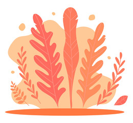 Vector abstract red background with leaves and woods for illustration, design, page landing. Template with natural background for flat characters. Trees, leaves and bushes in flat style hand drawn