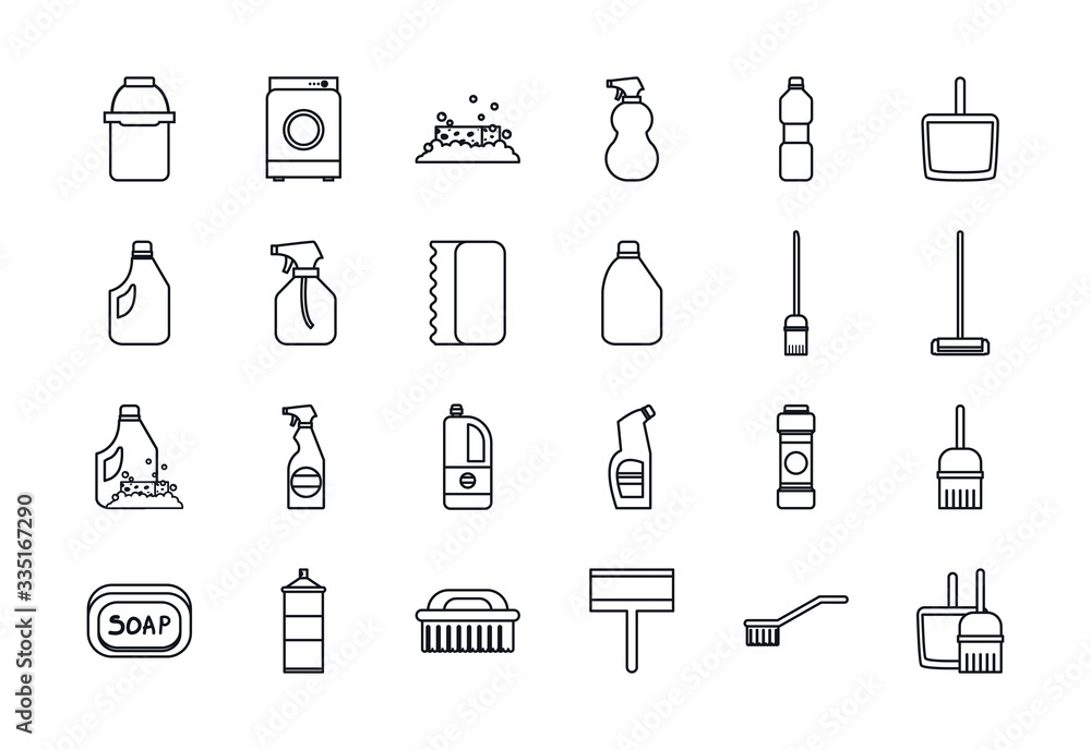 Poster cleaning service line style icon set vector design