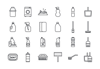 Cleaning service line style icon set vector design