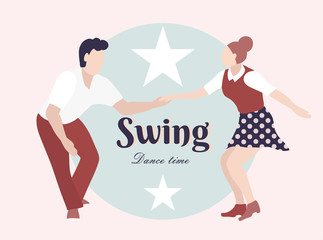 Party Swing Young couple dancing swing, rock or lindy hop. Retro in flat style hand drawn. Disc cover, social network, dance competition, illustration of dance courses. Time to dance.