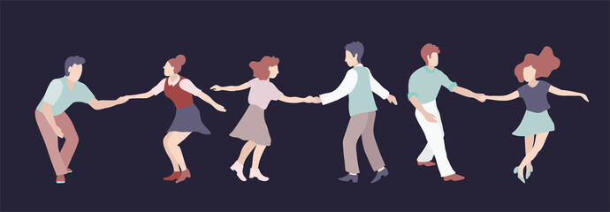 Set of three Young couple dancing swing, rock or lindy hop. Retro in flat style hand drawn. Disc cover, social network, dance competition,illustration of dance courses.Clip art people dancing isolated