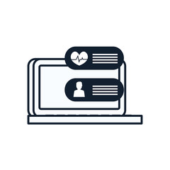 Laptop with heart pulse and avatar bubbles line style icon vector design
