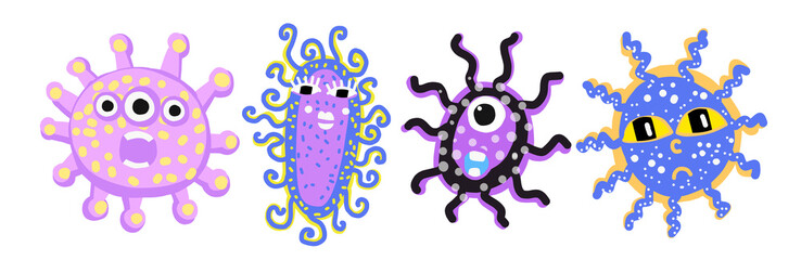 Set of funny viris and bacteria. Unicellular illustration for little children. Illustrations with germs for children s books. Flat style stickers are drawn by hand with cute bacterias