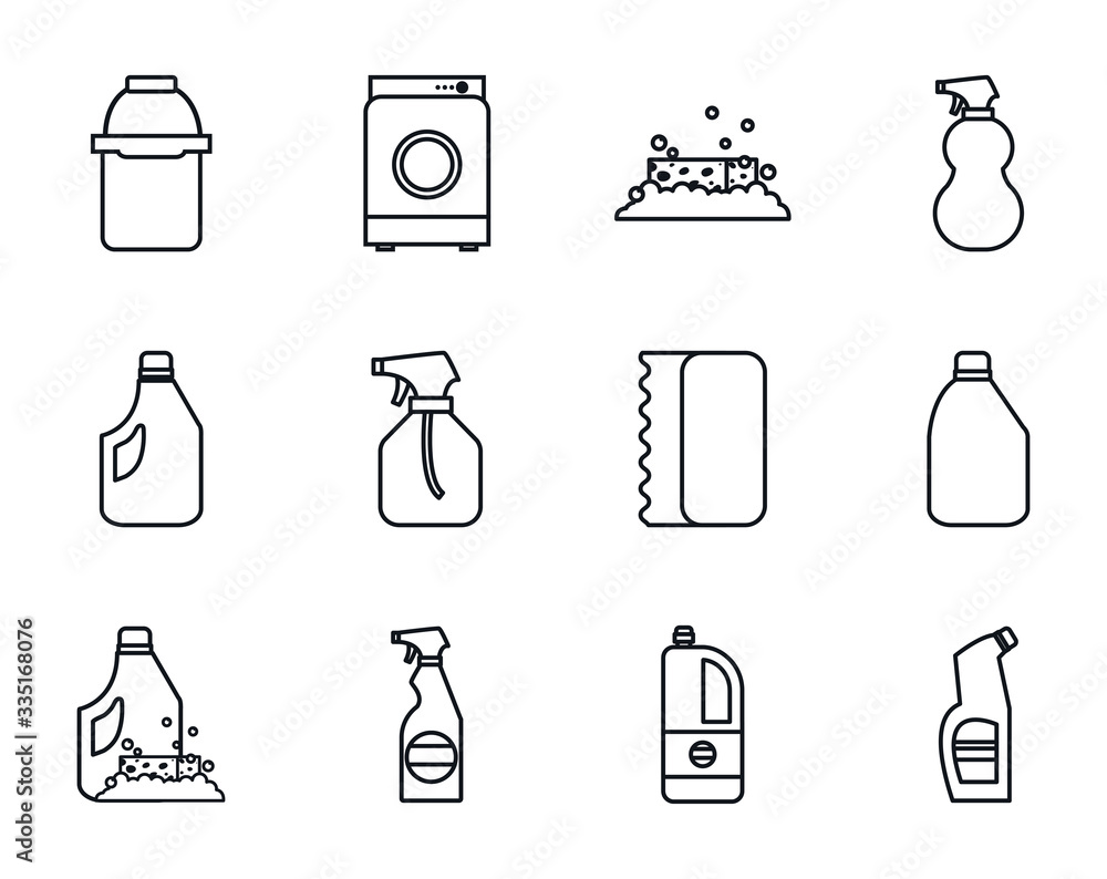 Poster cleaning service line style icon set vector design