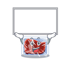Mascot design of frozen beef lift up a board