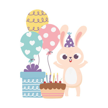 happy day, rabbit with party hat and cake gift balloons