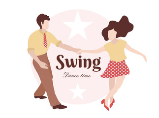 Party Swing Young couple dancing swing, rock or lindy hop. Retro in flat style hand drawn. Disc cover, social network, dance competition, illustration of dance. The guy and the girl are dancing swing.