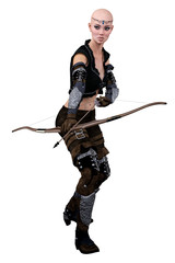 Caucasian Elf Archer Woman with Bow and Arrow on Isolated White Background, 3D illustration, 3D Rendering
