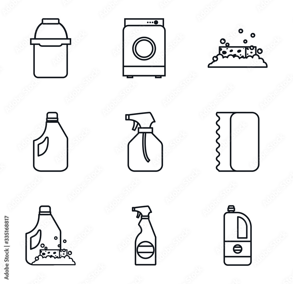 Poster cleaning service line style icon set vector design